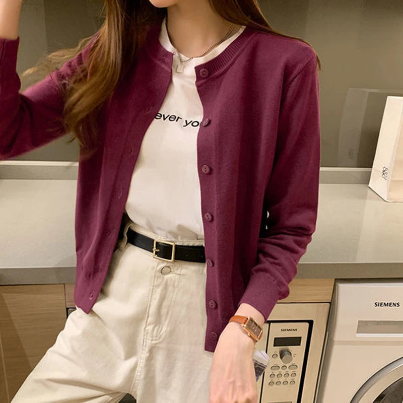 Rimocy Knitted Cardigan Jacket Women 2025 Spring Autumn Round Neck Casual Cardigans Woman Solid Color Slim Korean Jumpers Female