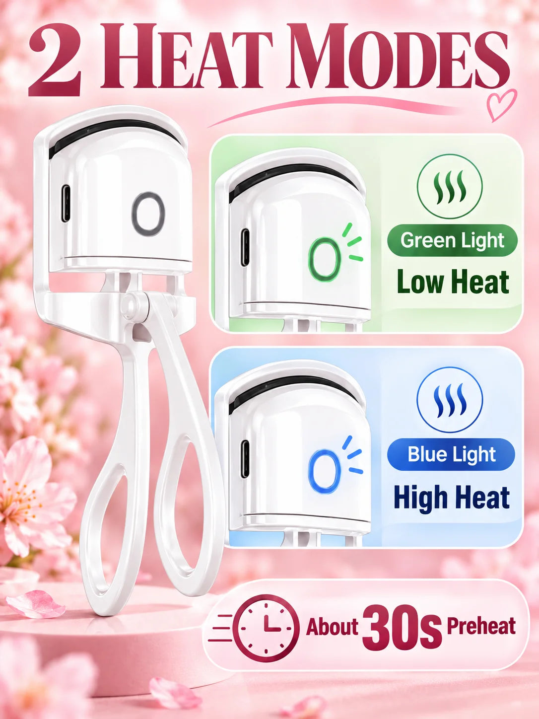 Electric Heated Eyelash Curler 2 Heat Modes Thermal Silicone Clamp Type-C Rechargeable Lash Curler 5-Min Auto Shut-Off Makeup To