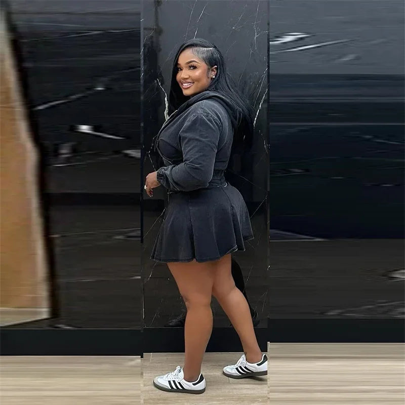 Streetwear Denim Set Woman Two Piece Outfit Casual Zipper Hooded Jacket Top and Mini Skirt Jeans Matching Sets Ensemble Femmes