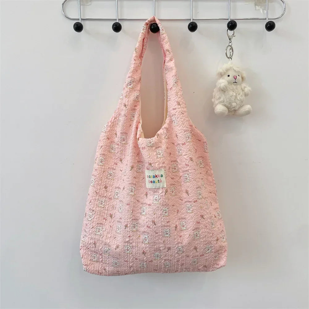 Female Tote Shopping Bag Eco Handbag Reusable Grocery Shopper Purse Korean Women Sweet Cartoon Shoulder Bag Books Pouch