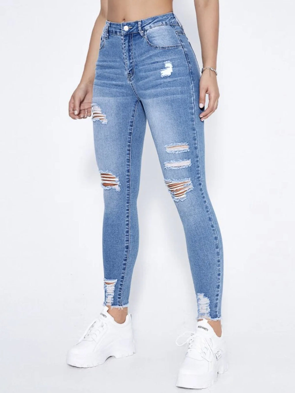 New In Women Fashion Mid Waist Ripped Hole Jeans Casual High Street Denim Pants Sexy Frayed Slim Fit Pencil Pants for Women
