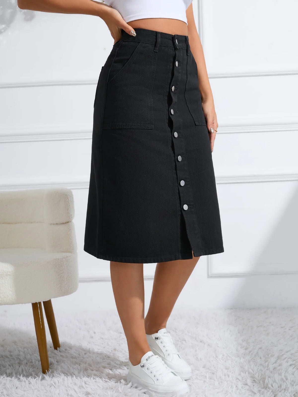 Summer Women Denim Skirt High Waist Buttons Placket Solid Color Midi Skirt Irregular Slit Design Mid-calf Length Skirt