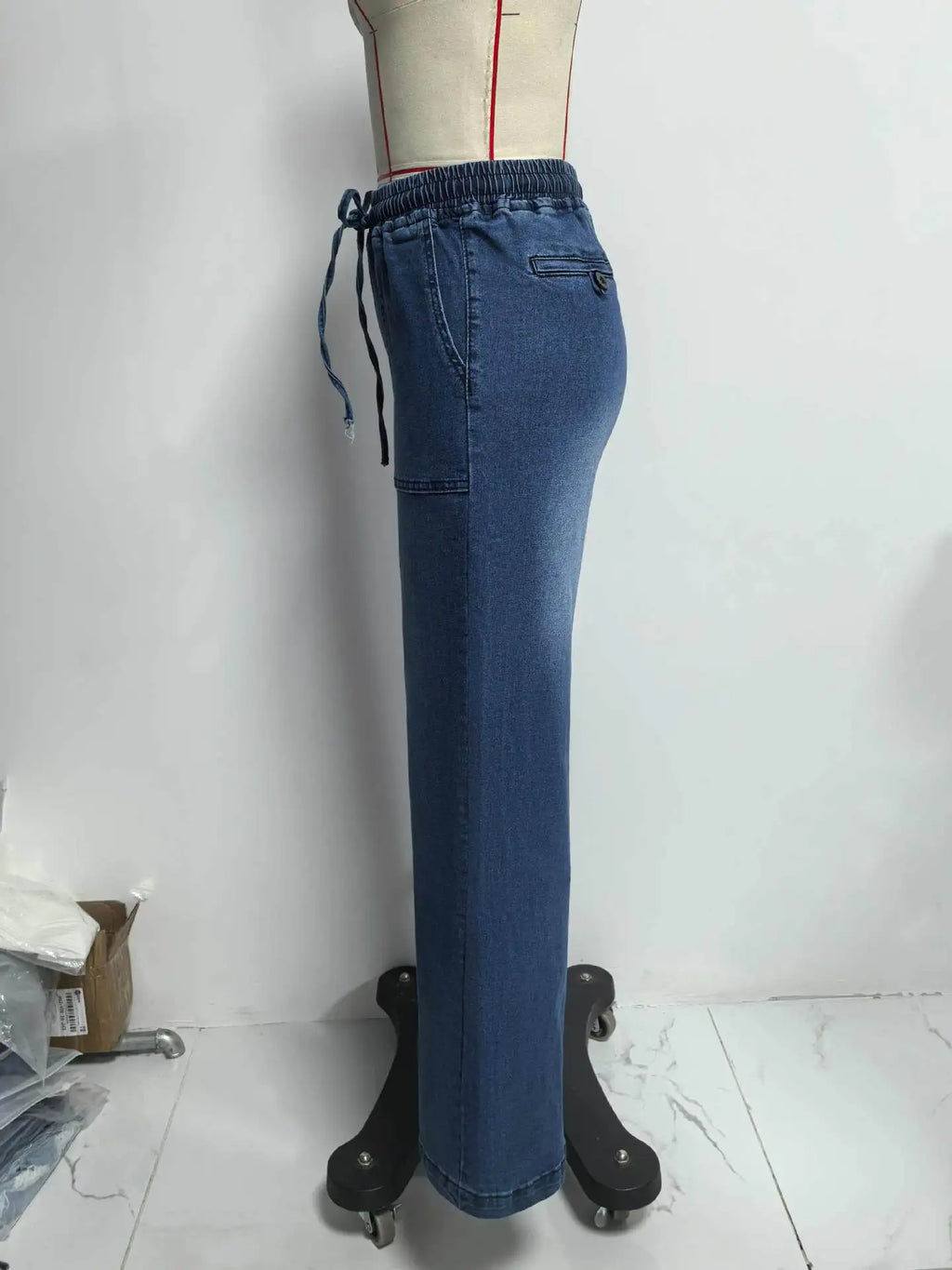 Women Jeans Vintage Denim Pant Elastic Waist Lace Up Wide Leg Long Pants Straight Trousers Y2k Streetwear Splice Work Spring
