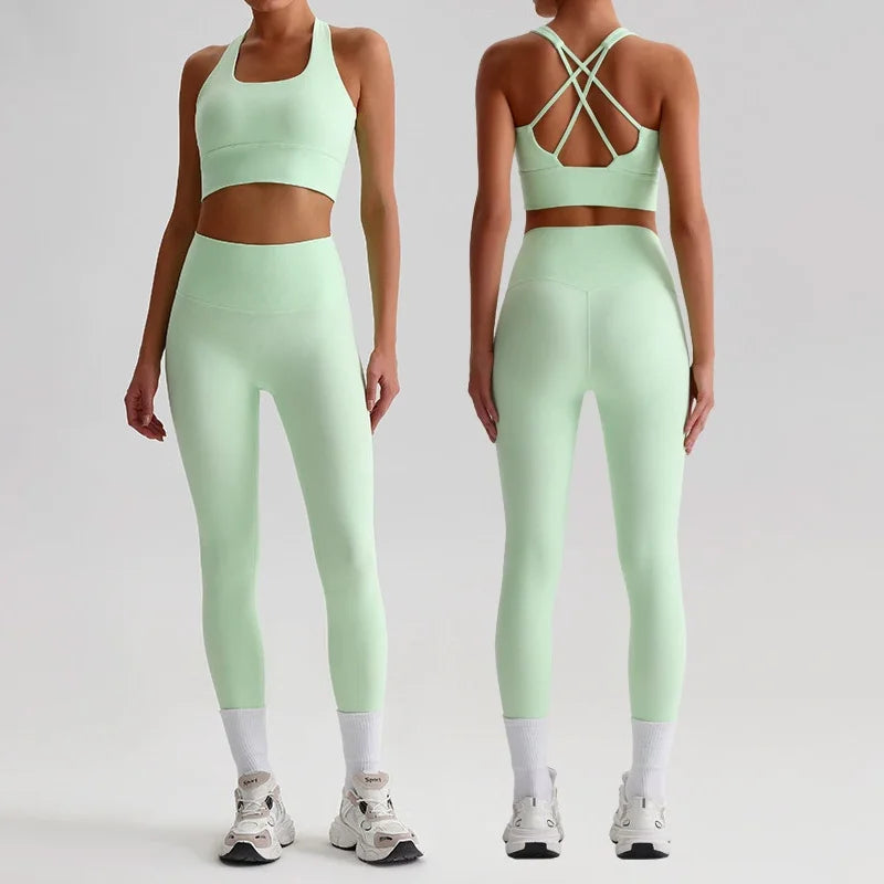 Naked Feel Yoga Set Women Fitness Sportswear 2 Piece Strappy Sports Bra High Waist Gym Leggings Workout Outfit Active Wear