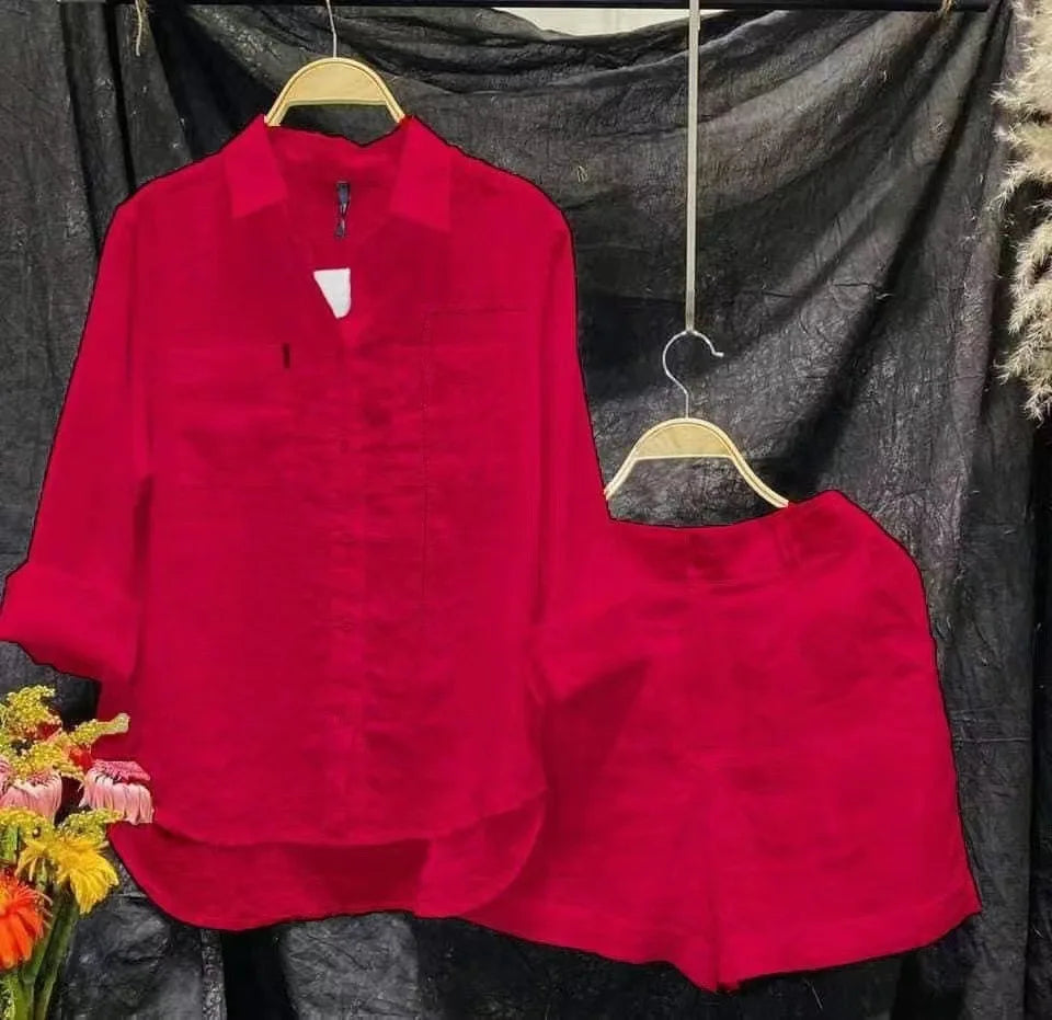 2025 Summer Cotton Linen Casual Shirt Two Piece Set For Women Shorts 2 Piece Sets Outfit Long Sleeve Short Sets Outfits Home