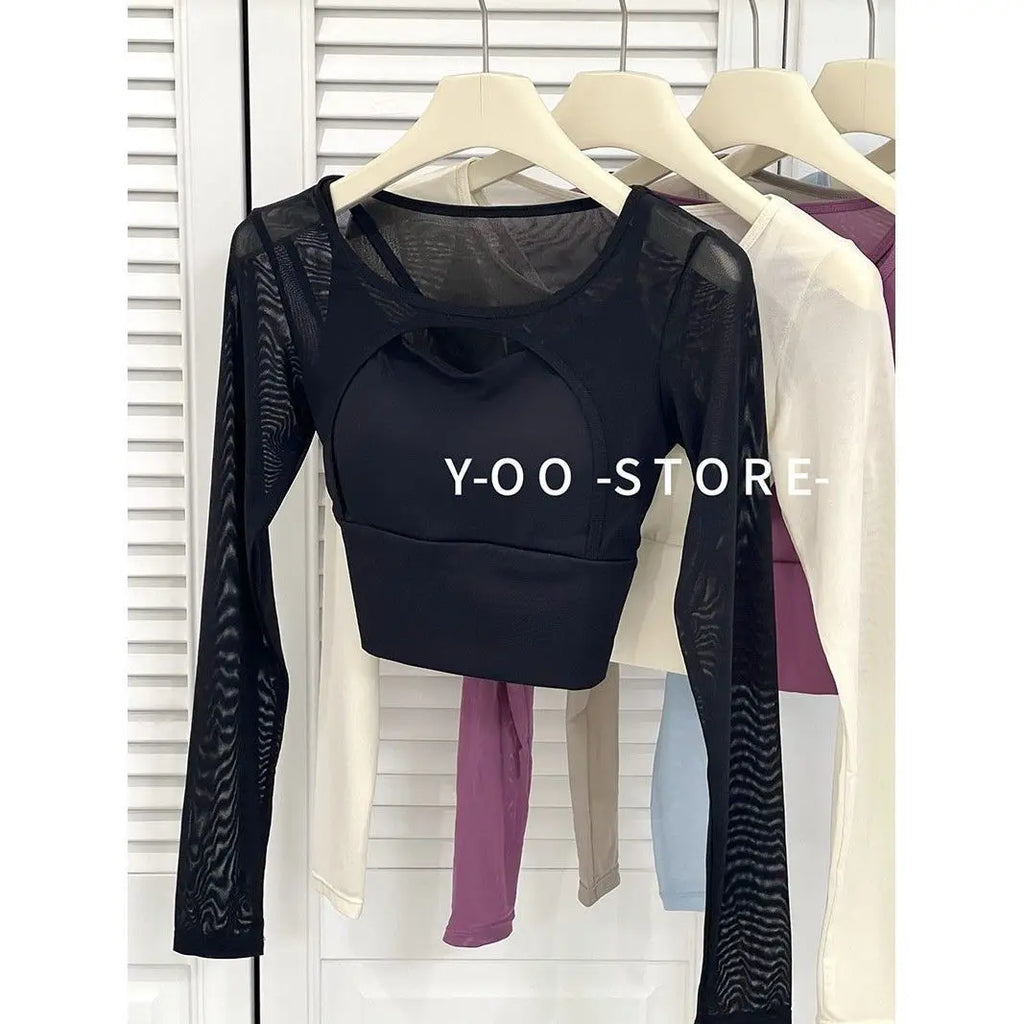 American Sle Yoga Clothes Long Sve T-irt Women Sexy Hollow out Me Splice Sports Fitn Top with Chest Pad
