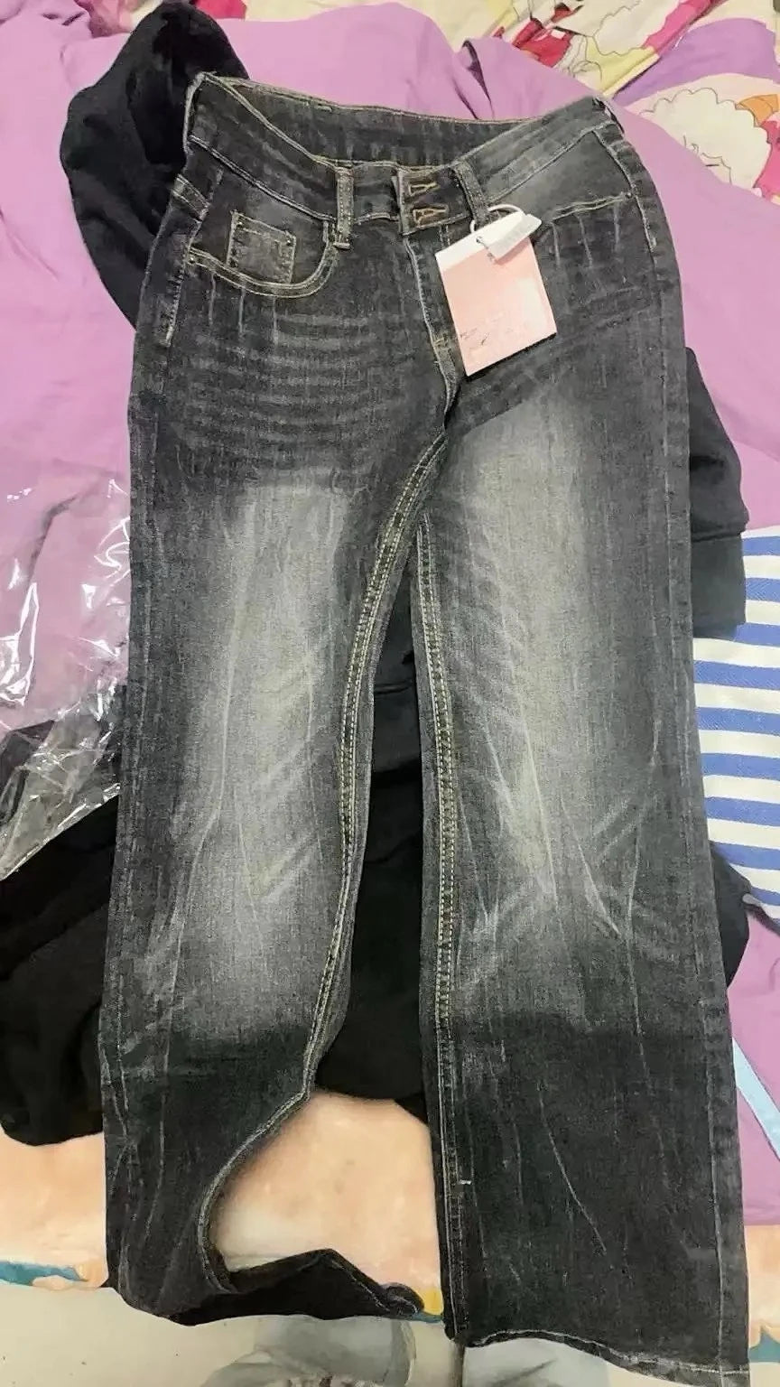 Women Vintage Double Button Low Waist Micro Flare Jeans Y2K Slim Retro Black Gray Whisker Denim Pants Streetwear Y2k Trousers