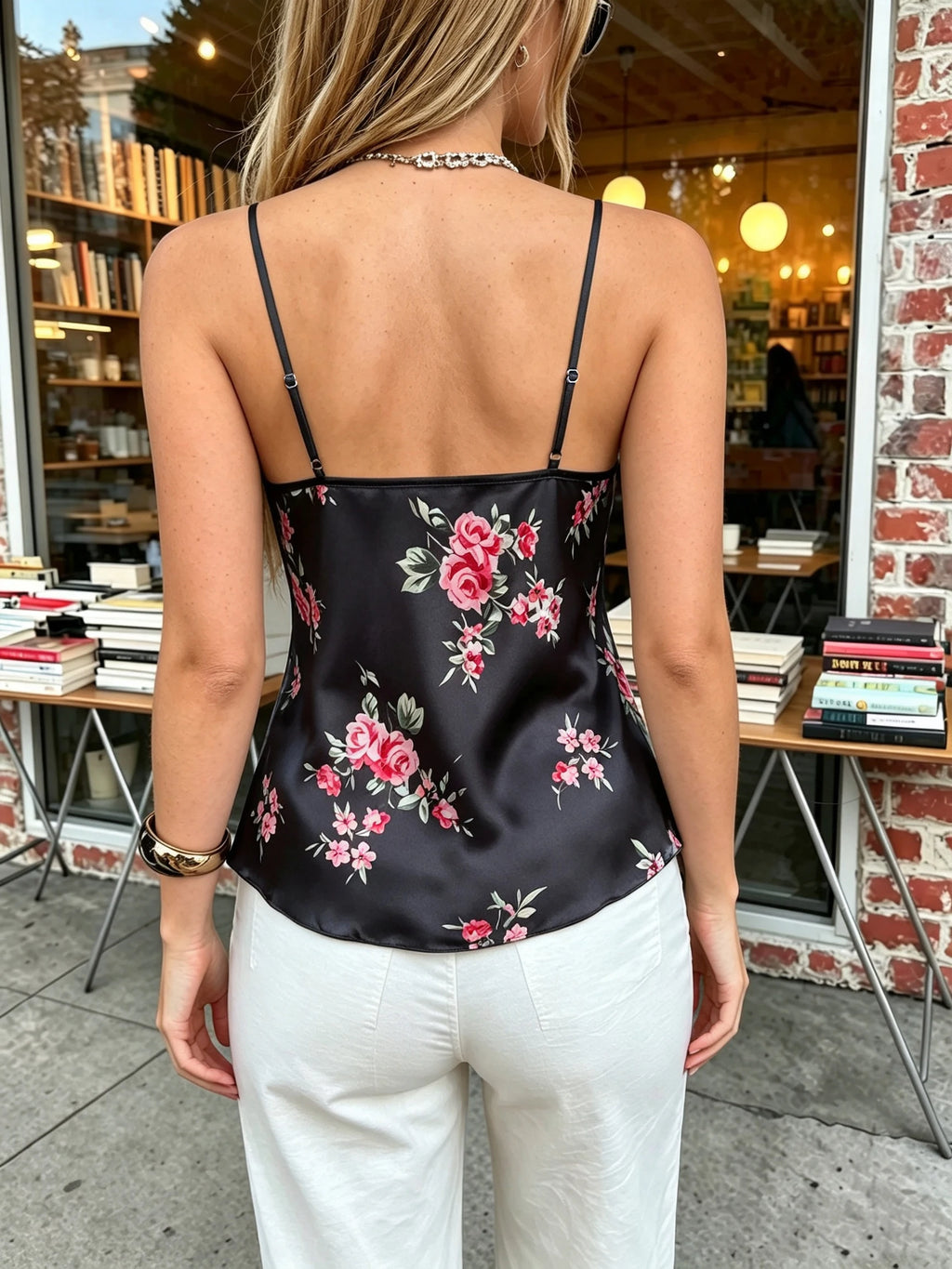 Women Satin Floral Print Pajamas Top Camisole Lace Trim V Neck Tank Top Elegant Sleeveless Blouse Casual Sleepwear