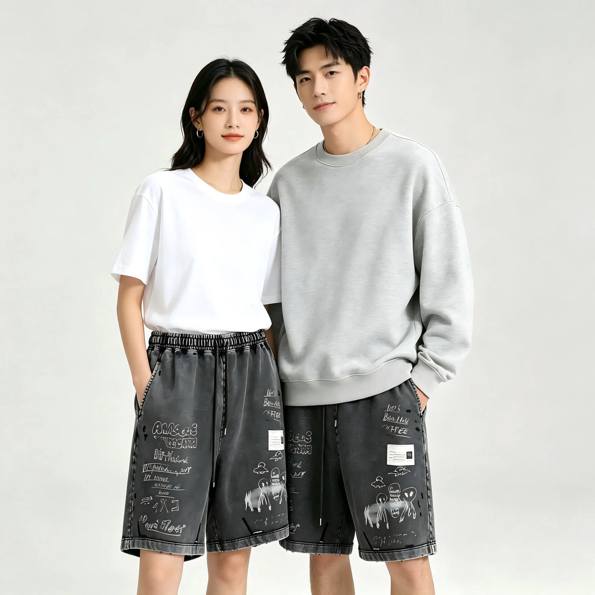 Vintage Washed Distressed Sweat Shorts Men Women Unisex American Streetwear Graffiti White Ink Digital Print Drawstring Elastic