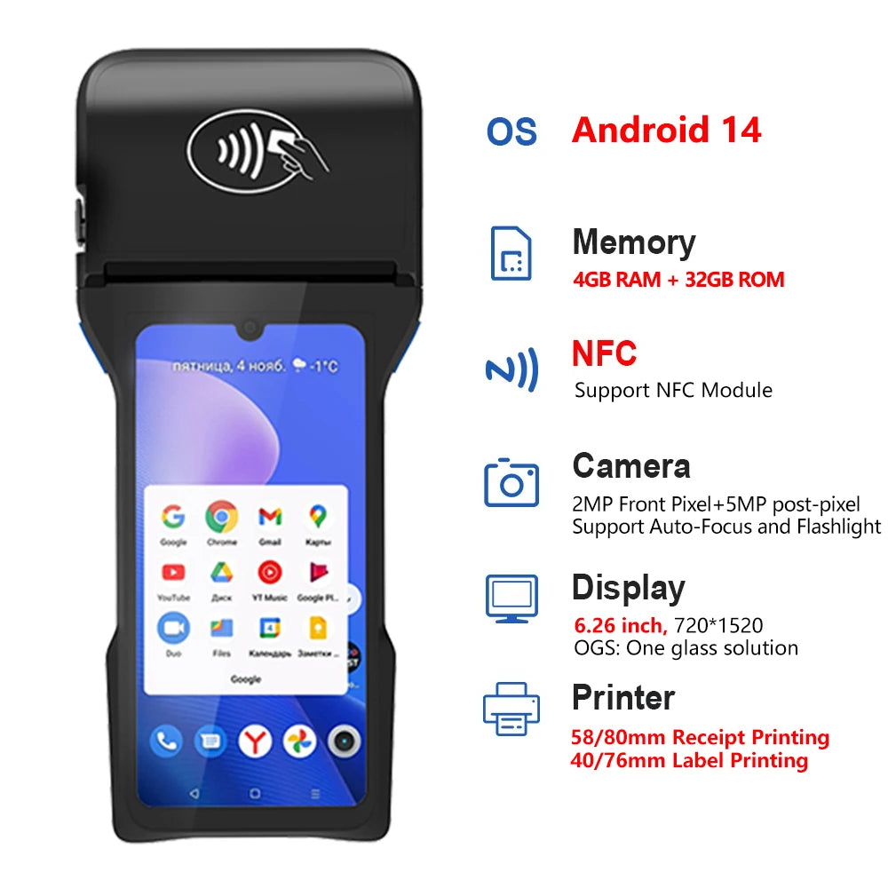 Android 13/14 Handheld POS Terminal PDA Printer 58/80mm Portable Receipt Thermal Printer NFC All-In-One POS System Ticket Maker