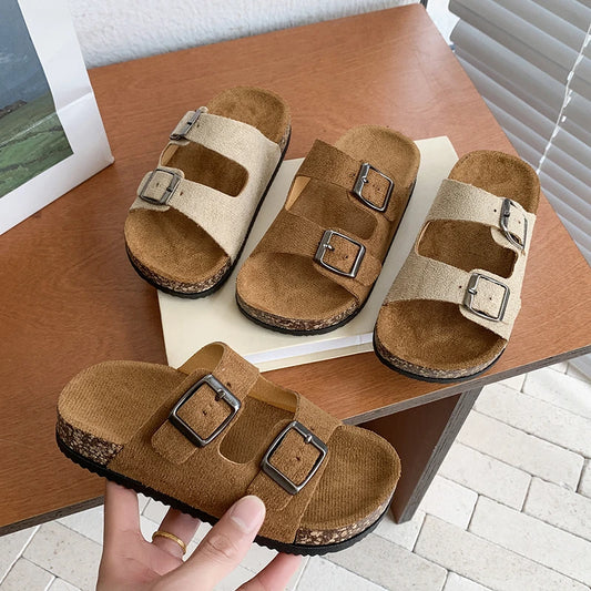 Summer Toddler Kids Boys Girls Suede Cork Slide Sandals Double Buckle Non-Slip Soft Sole for Indoor Outdoor Daily Casual Wear