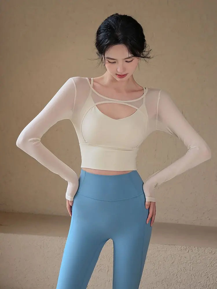 American Sle Yoga Clothes Long Sve T-irt Women Sexy Hollow out Me Splice Sports Fitn Top with Chest Pad