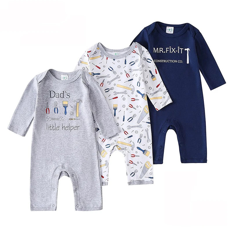 Kit 3 Baby Rompers Long Sleeve Footless Printed Infant Boy Girl Clothes