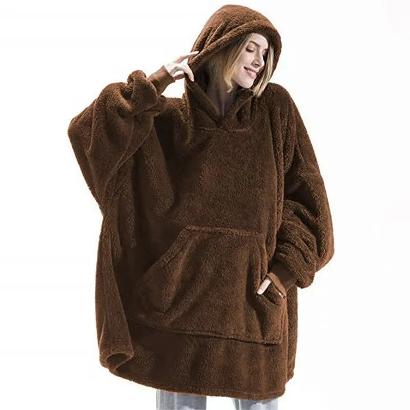 Autumn Winter Men Women Double Sided Velvet Hoodie Thick Coat Can Wear Blanket Couple's New Home Loose Hooded For Male Clothes