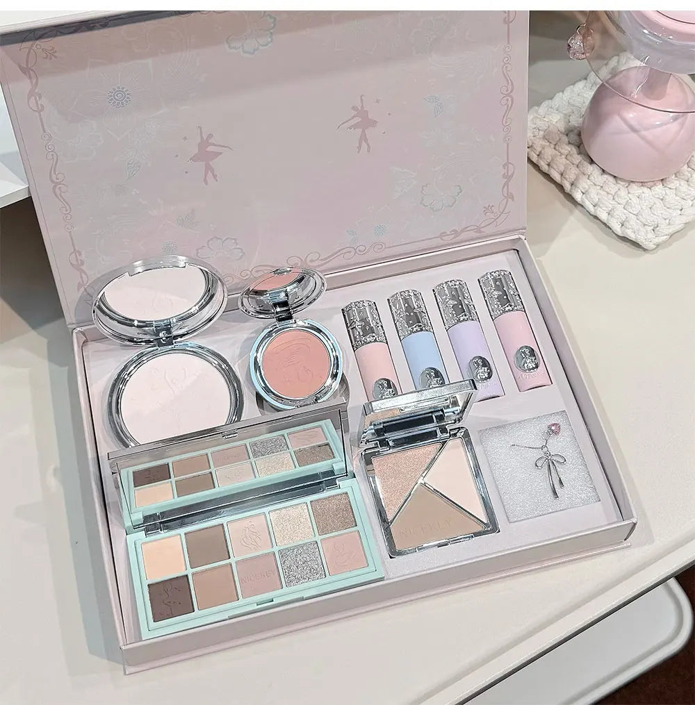 NICEKEY Face Makeup Sets Include 4 Lipgloss,1 Blush,1 Pressed Powder,1 Eyesshadow Palette,1 Contour Palette With Necklace Gift