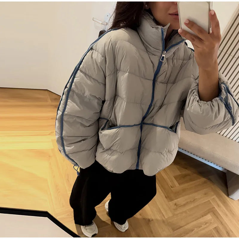 Casual Women's Waist Cinched Padded Cotton Coats Stand Collar Zipper Full Sleeve Coat 2026 Autumn Winter Lady Down Jacket New