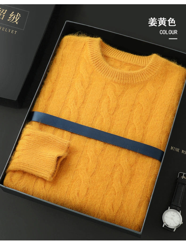 Men's Round Neck Pullover Sweater For Autumn Winter 100% Pure Mink Cashmere Knitted Sweater, Casual Long Sleeved Thick Warm Base