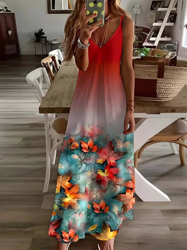 2024 New Women's Vintage Print Sleeveless Floor-Length Sundress Fashion V-Neck Slip Dress Bohemia Casual Loose Holiday Clothing