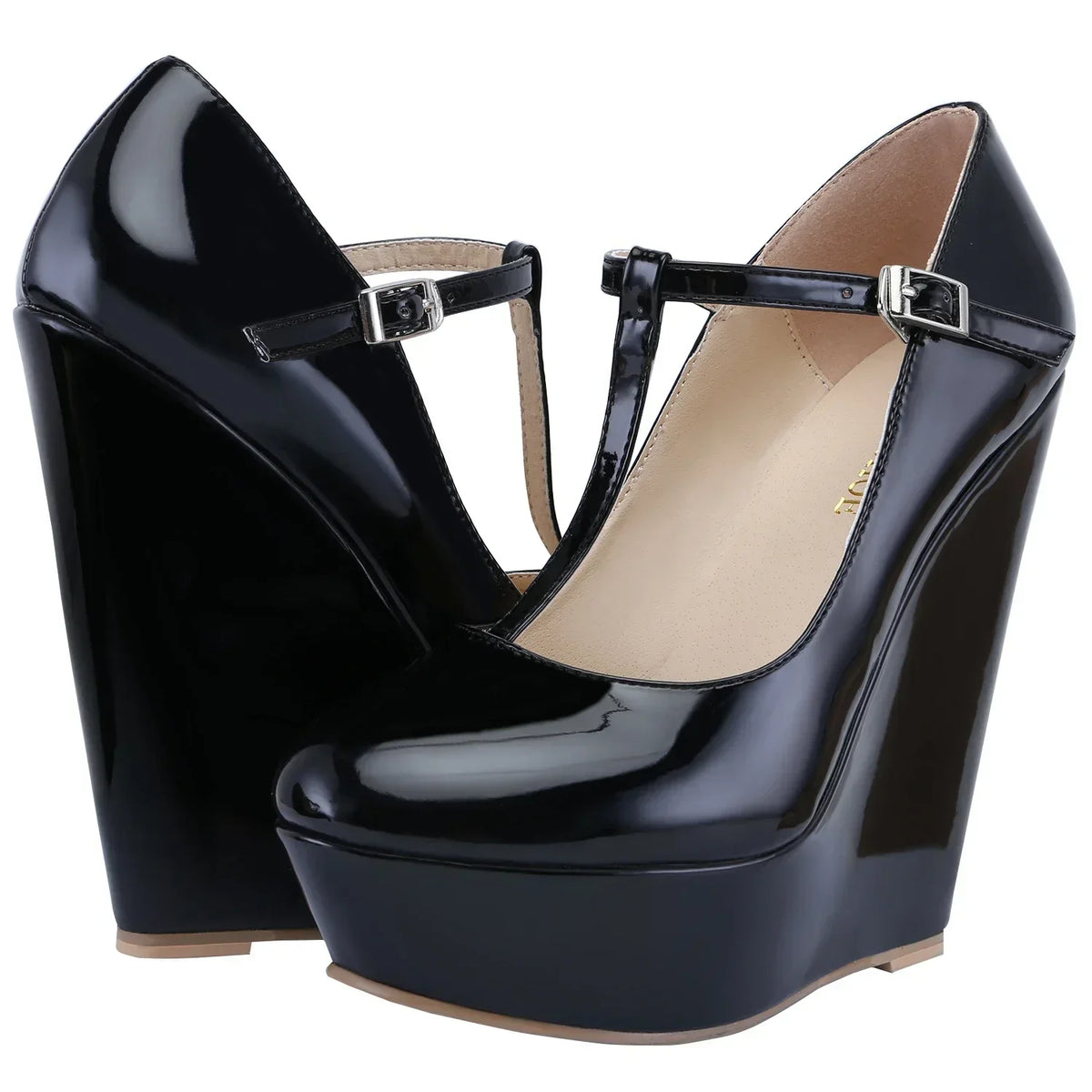 Women Platform Wedge Heels Pumps Autumn Winter 14cm Round Toes T-Strap High Heeled Gladiator Ladies Dress Party Wedding Shoes