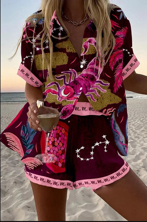 Summer New Print Beach Holiday Set For Women Fashion Short Sleeve Buttoned Shirt Wide Legs Shorts Oversized Two Piece Set