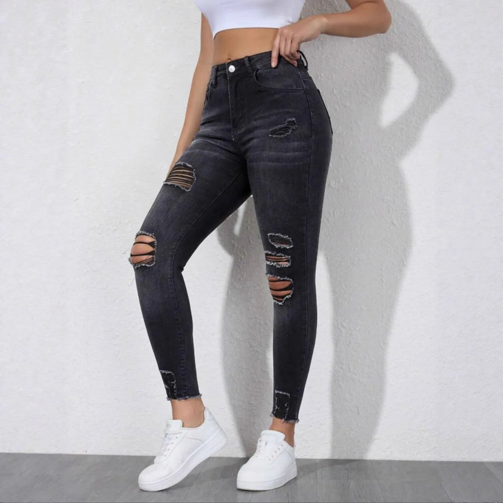 New In Women Fashion Mid Waist Ripped Hole Jeans Casual High Street Denim Pants Sexy Frayed Slim Fit Pencil Pants for Women