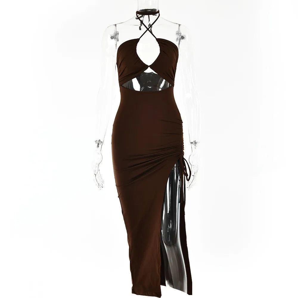 Summer Woman Dress Halter Neck Sleeveless High Waist Slit Maxi Dress Ruched Side Backless Elegant Party Evening Black for