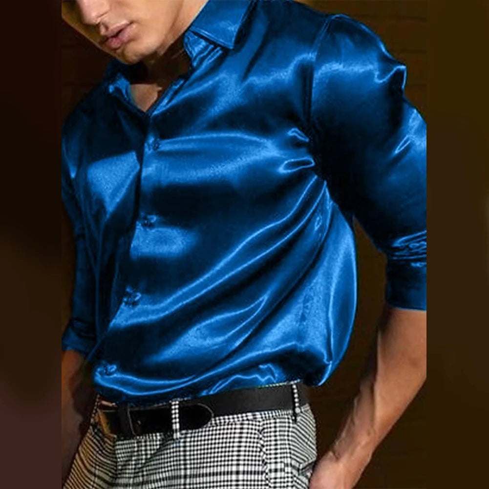 Fashion Autumn Satin Silk Solid Color Long Sleeve Single Breasted Shirt Wedding Party Business Shirts Camisas De Hombre For Men