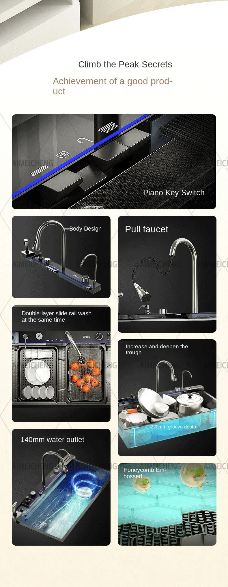 2026 Tiktok Newest Design 30 Inch Waterfall Faucet Black Bionic Honeycomb 304 Stainless Steel Big Single Bowl Kitchen Sink