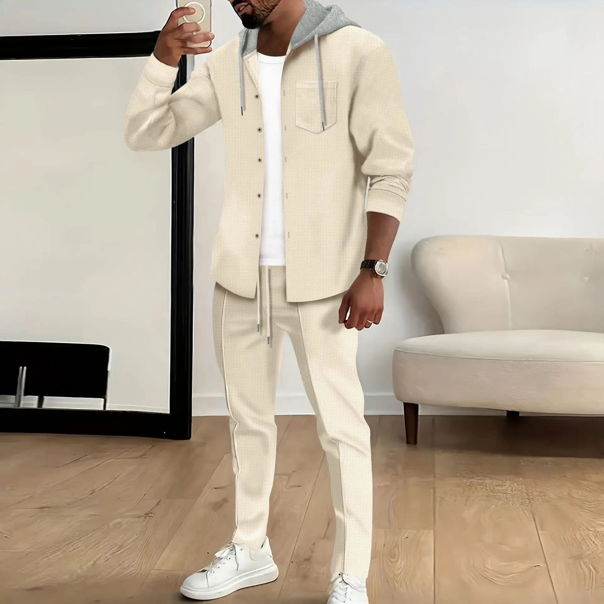 Men's American Autumn Waffle Casual Hooded Color-blocking Long-sleeved Cardigan Jacket And Trousers Set