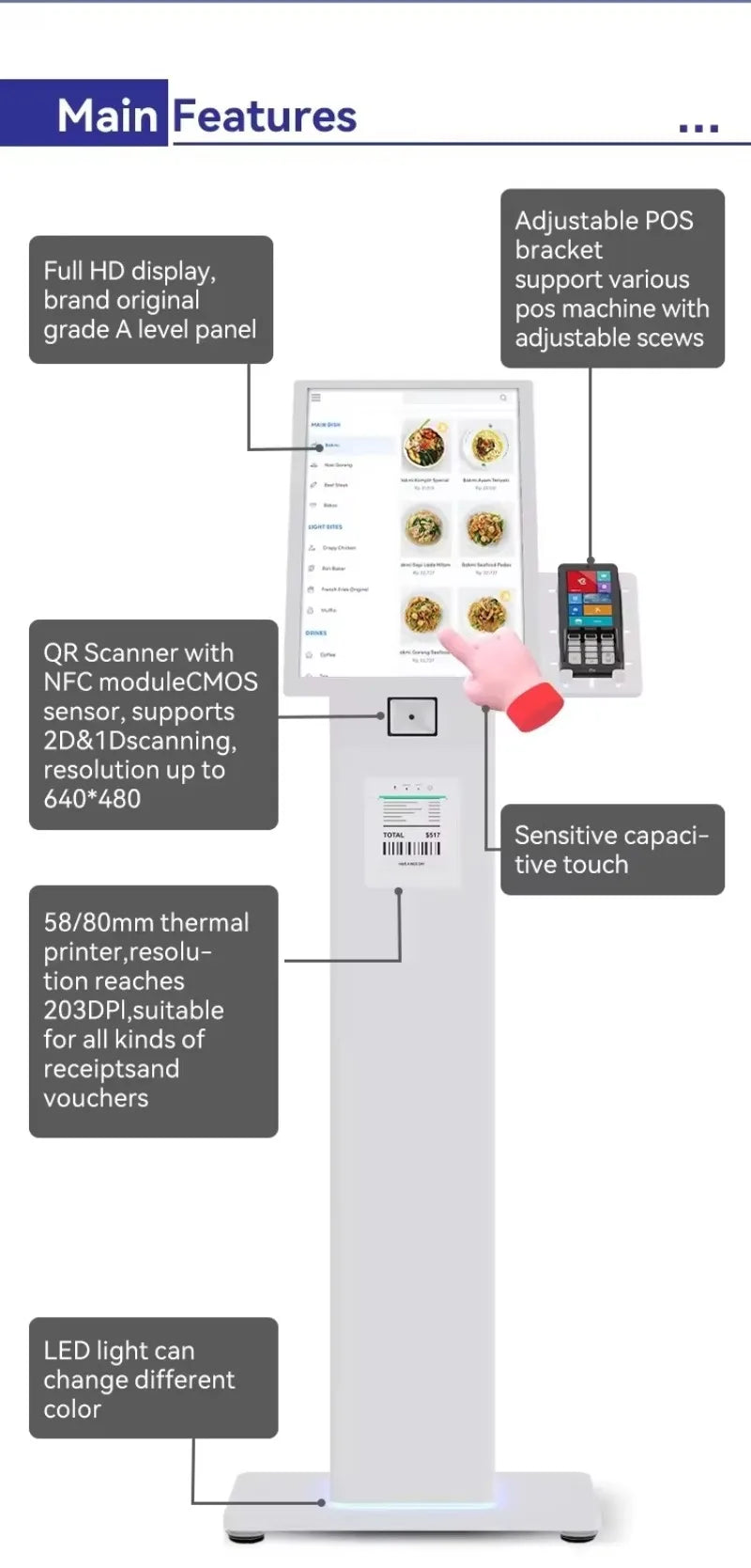 32 Android Self Ordering Kiosk for Restaurant Use Touch Screen Terminal with Receipt Printer and Menu Customization