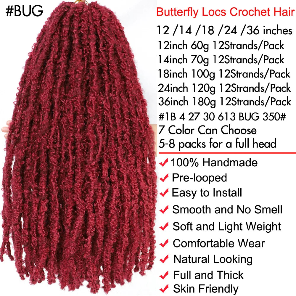 1- 6Packs Butterfly Locs Crochet Hair 36 24 18 14 12inch Pre Twisted Natural Black Distressed Faux Locs Crochet Braids for Women