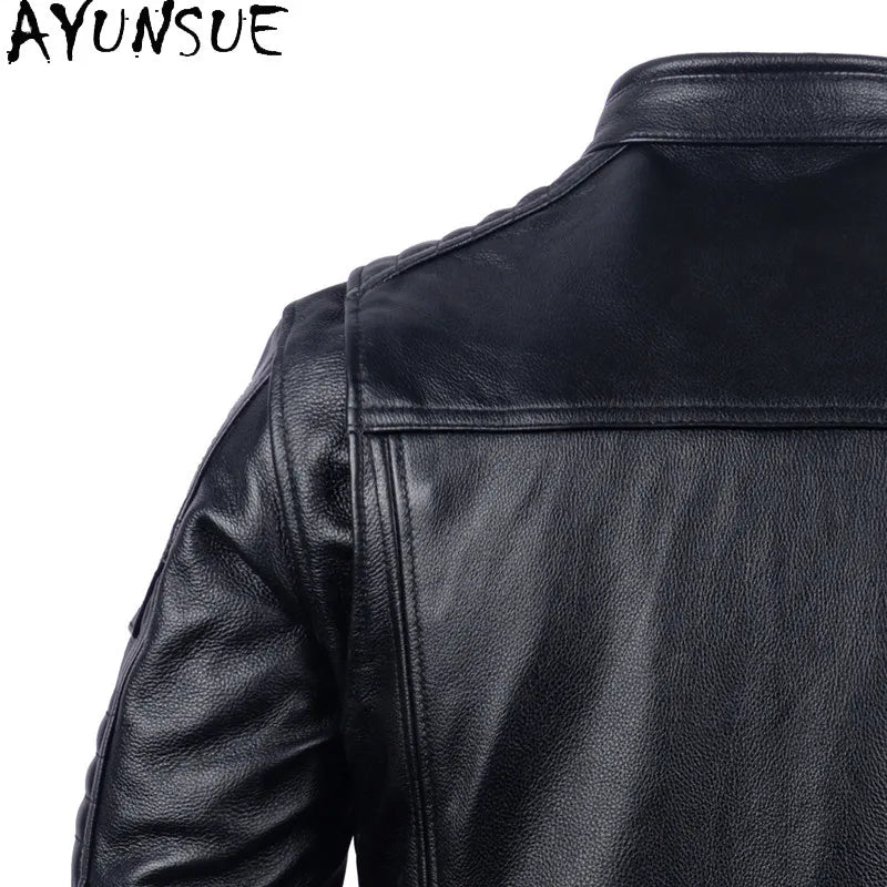 AYUNSUE Pure Cowhide Men Leather Jacket Fashion Stand Collar Short 100% Genuine Cow Leather Real Jacket Slim-fit Motorcycle Wear