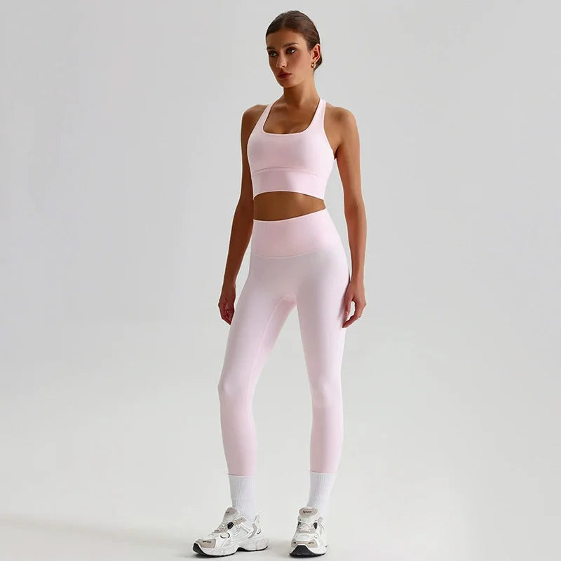 Naked Feel Yoga Set Women Fitness Sportswear 2 Piece Strappy Sports Bra High Waist Gym Leggings Workout Outfit Active Wear