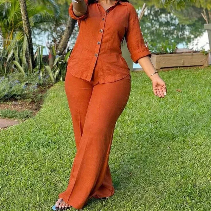 Elegant Chic Casual African Fahsion Women Two Piece Set Solid Color Single Breasted Shirt And Pants Set Outfits