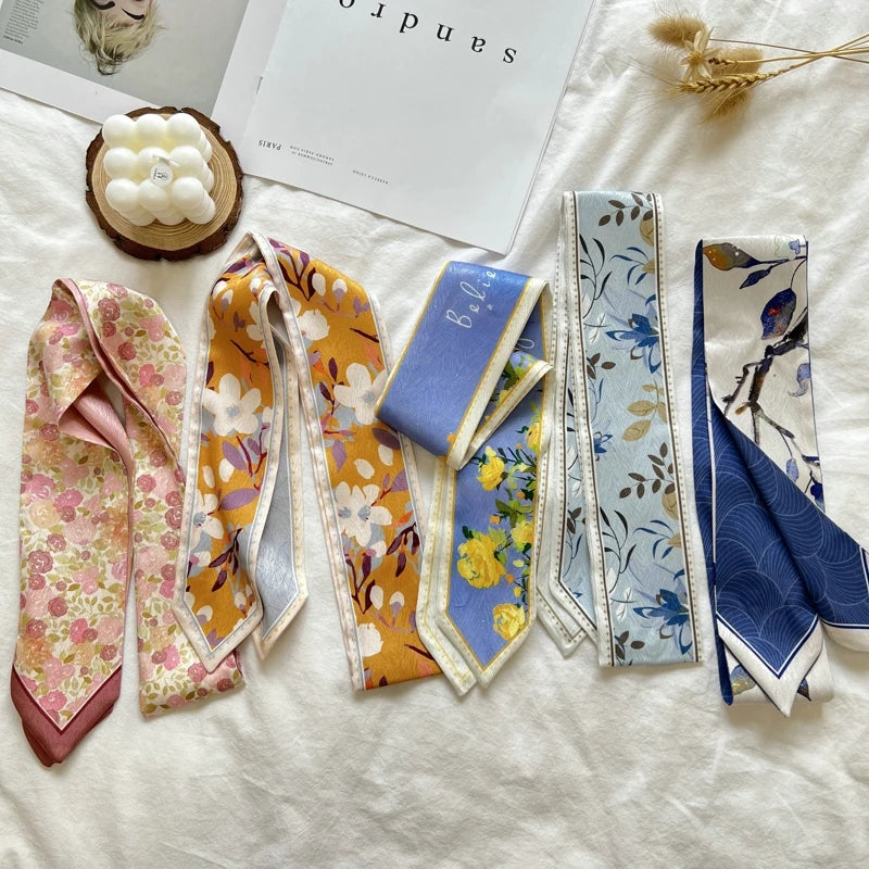 New Long Bag Scarf Women Hair Band Lady Accessories Print Skinny Scarves Headband Satin Ribbon Neck Tie Decorative Bag Scarves