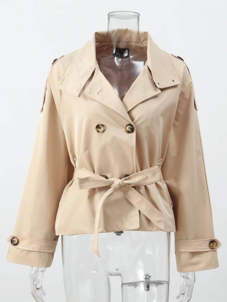 Khaki Lace Up Cape Trench Coat Loose Solid Full Sleeve Lapel Windbreaker 2026 Autumn New Fashion Commute Casual Daily Coats