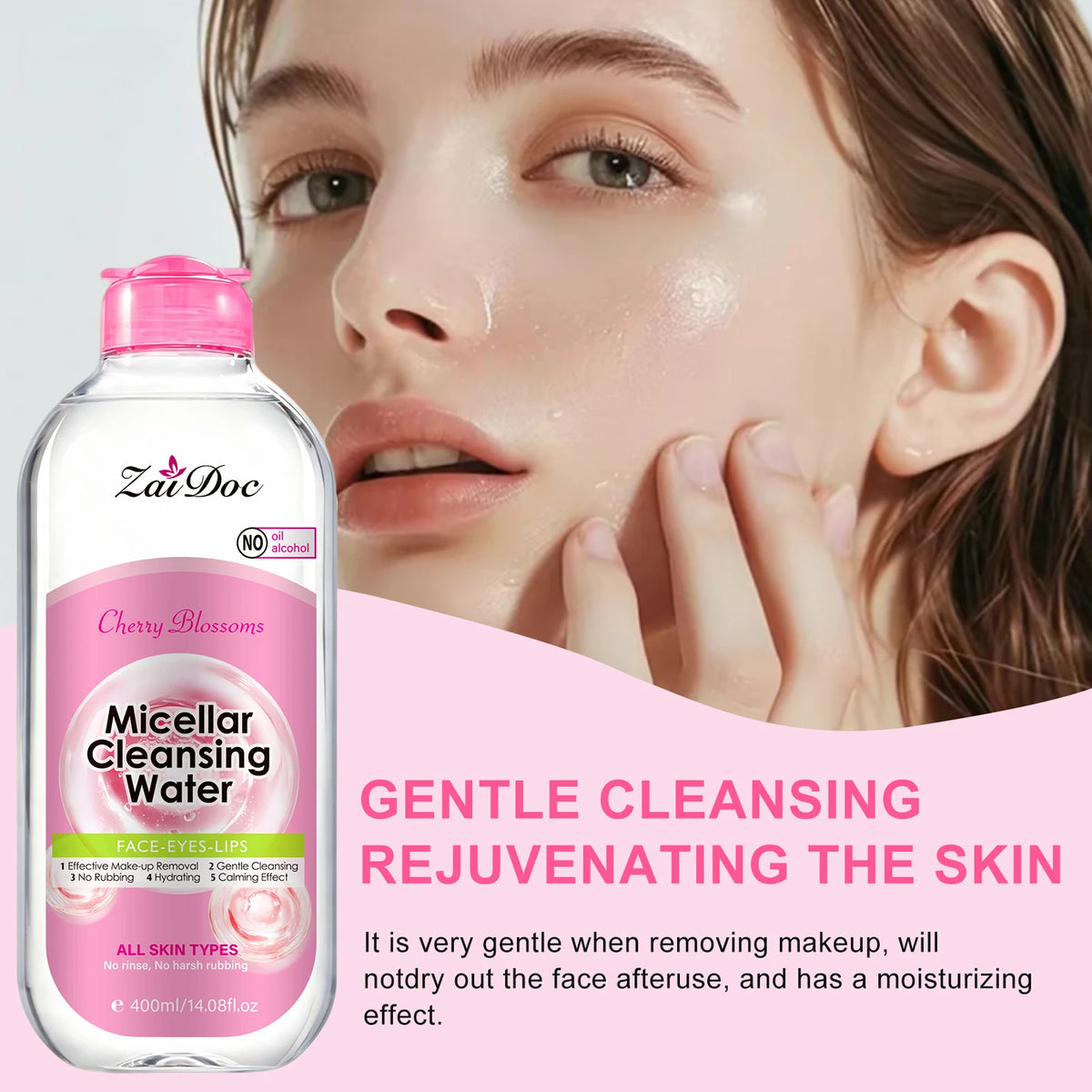ZaiDoc Turmeric/Cherry Blossom Micellar Cleansing Water Makeup Remover No Rinse No Rubbing All Skin Types Face Eyes Lips 400ml Each