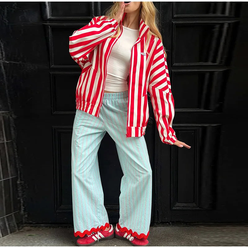 Striped Women's Trousers Low Waist Tie Casual Pants Vertical Stripe Floor Length Pants Daily Fashion Wear 2026 Collection