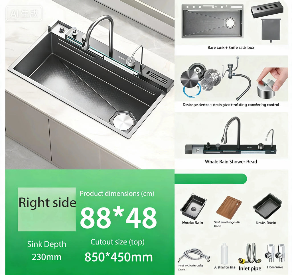 2026 Tiktok Newest Design 30 Inch Waterfall Faucet Black Bionic Honeycomb 304 Stainless Steel Big Single Bowl Kitchen Sink