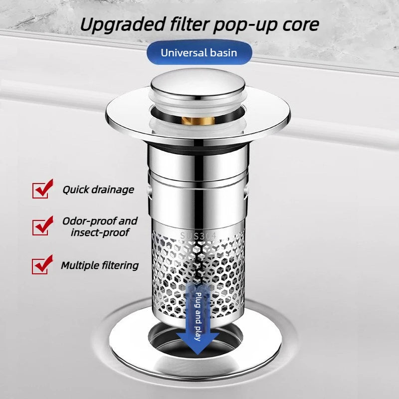 Stainless steel filter washbasin leak proof plug bathroom kitchen sink floor drain plug, equipped with copper core rebound valve