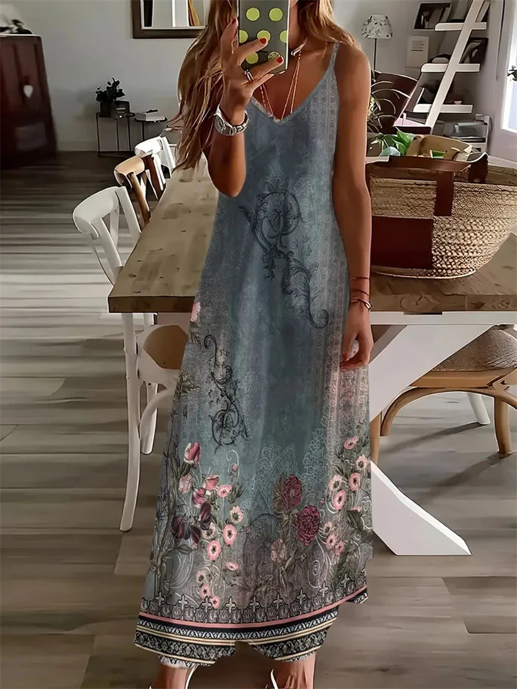 2024 New Women's Vintage Print Sleeveless Floor-Length Sundress Fashion V-Neck Slip Dress Bohemia Casual Loose Holiday Clothing