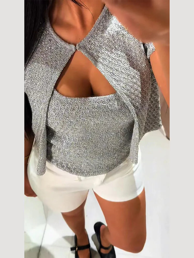 Women's Tank Tops Knitted Sequined Vests Summer Female Square Collar Sleeveless Backless Bodycon Crop Top Chic Lady Knitwear New