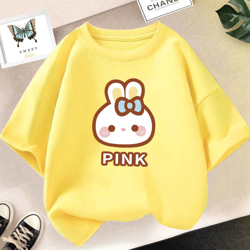 Girl Cute Rabbit Graphic Tshirt Short Sleeve Cotton T-Shirts For Baby Girl Cute Pink Color T-Shirts Children Summer Clothing
