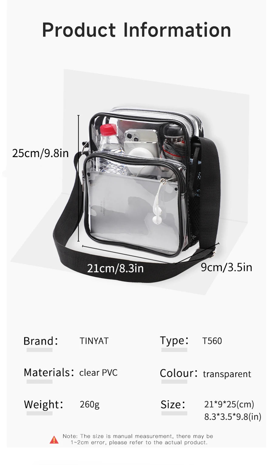 TINYAT Women Lightweight Mesh Strap Transparent PVC Bags Put Lost Headphone Jack Umbrella Cell Phone 9.7 inch iPad For Concerts