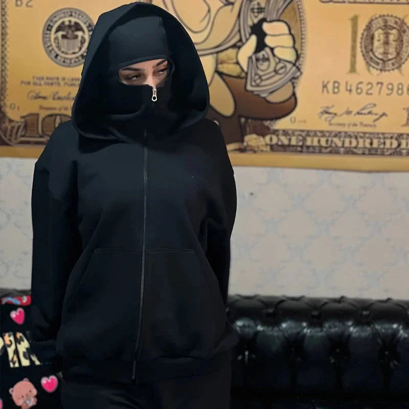 2025 Men's and Women's Balaclava Y2K Gothic Harajuku Winter Fashion Double Hooded Sportswear Men's Hooded Mask Zipper Sportswear