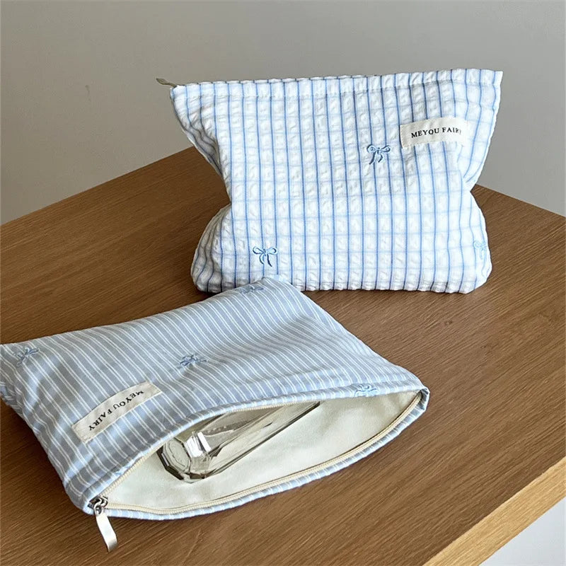 New Blue Color Mommy Bag Bowknot Embroidery Makeup Bag Zipper Baby Diaper Bag Nappy Pouch Travel Toiletry Storage Bags