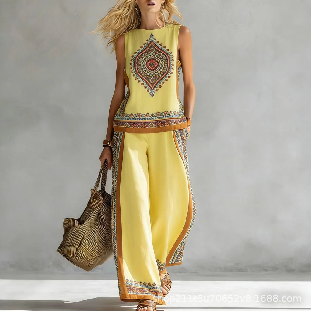 New Fashion Retro Printed Sleeveless Tops Trousers 2-piece Sets Women's Summer Casual Vest Loose Wide Leg Trousers Female Suit