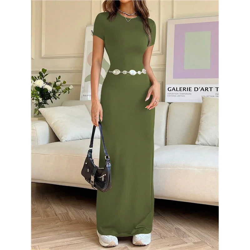 Sexy Slim Fit Short Sleeve round Neck Dress Pure Color Long Dress for Women LinJ2026 Casual European Style mid Waist Skirt