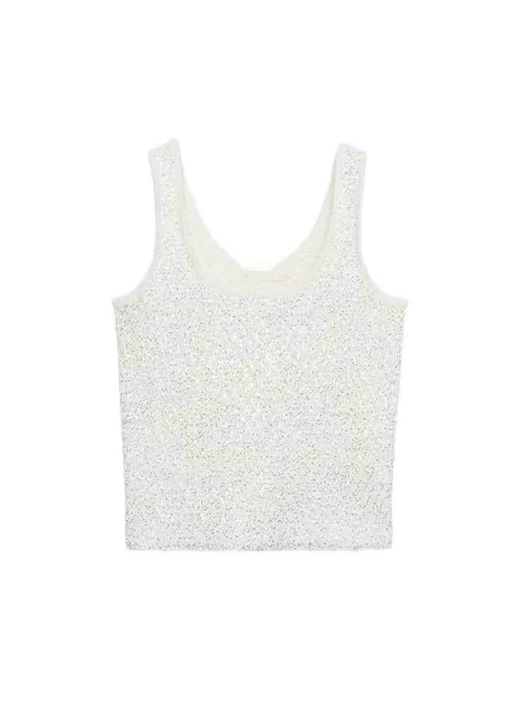 Women's Tank Tops Knitted Sequined Vests Summer Female Square Collar Sleeveless Backless Bodycon Crop Top Chic Lady Knitwear New