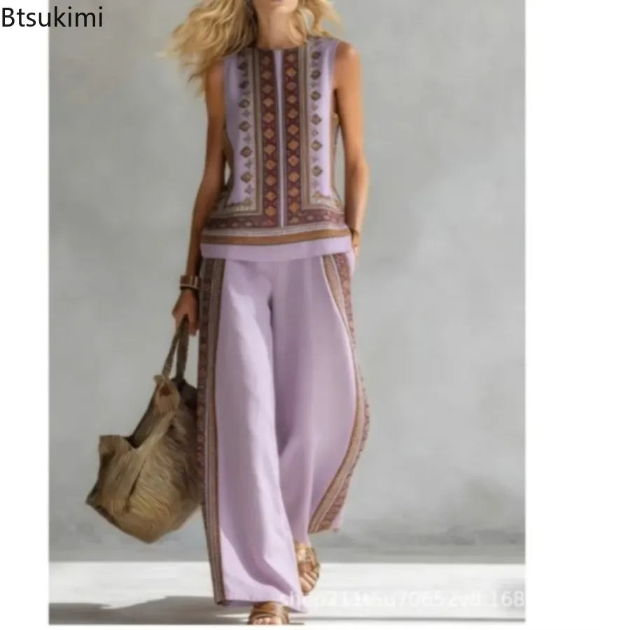 New Fashion Retro Printed Sleeveless Tops Trousers 2-piece Sets Women's Summer Casual Vest Loose Wide Leg Trousers Female Suit